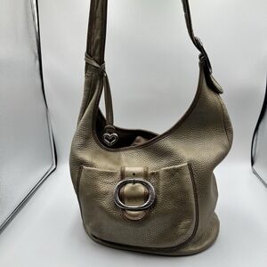 Brighton Metallic Bronze Pebbled Leather Hobo Shoulder Bag Silver Hardware Heart